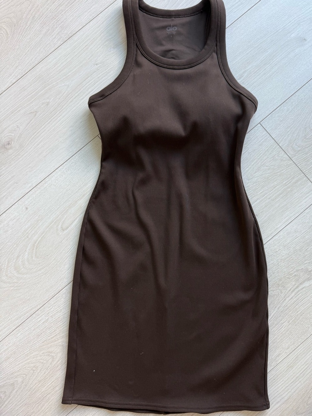 ALO Yoga Ribbed Goddess Tank Mini Dress in Espresso Brown Small NWOT